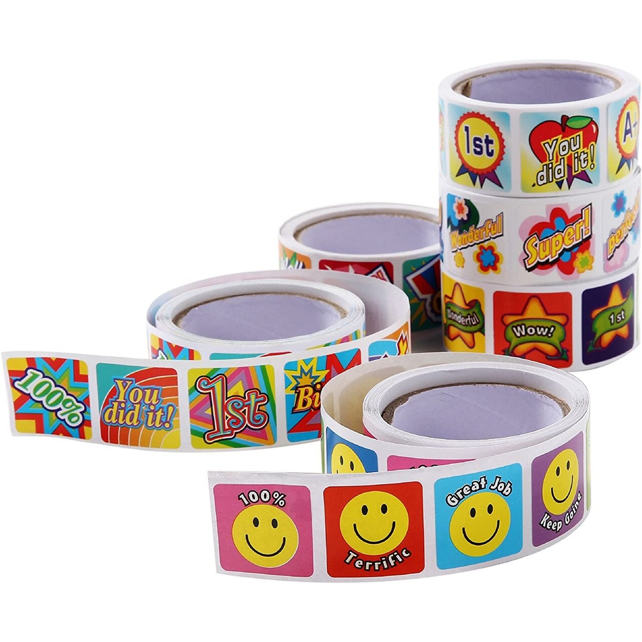 Juvale 1260 Count, 6 Rolls Square Teacher Reward Stickers for Students, Happy Face Stickers, Self-Adhesive Good Job Stickers for Kids, School Supplies, Banners, Binders and Homeworks